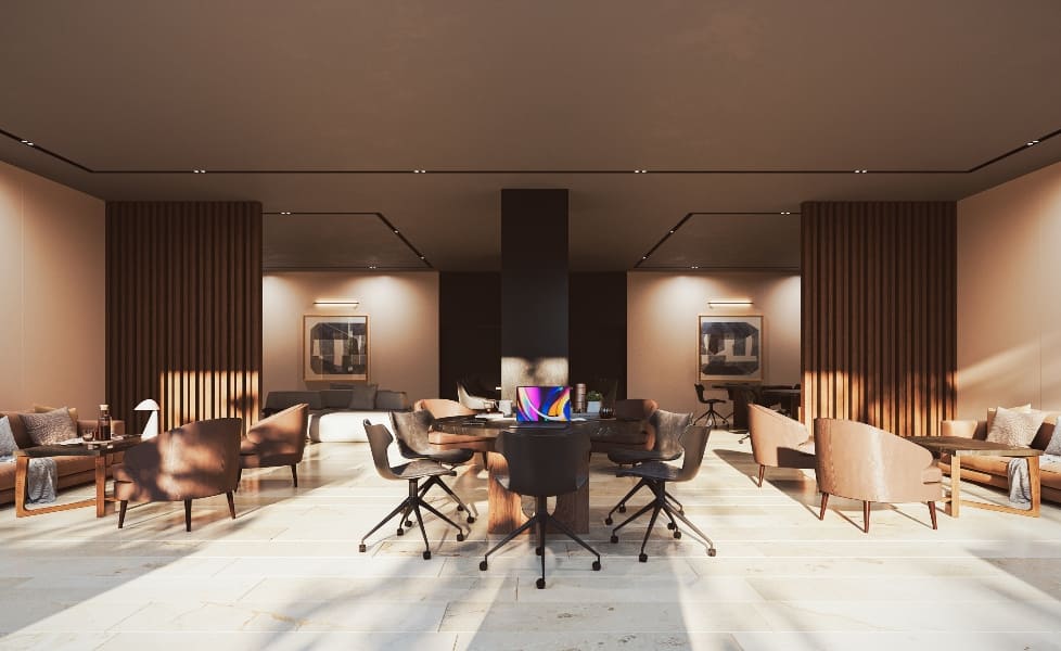 a room with a table and chairs