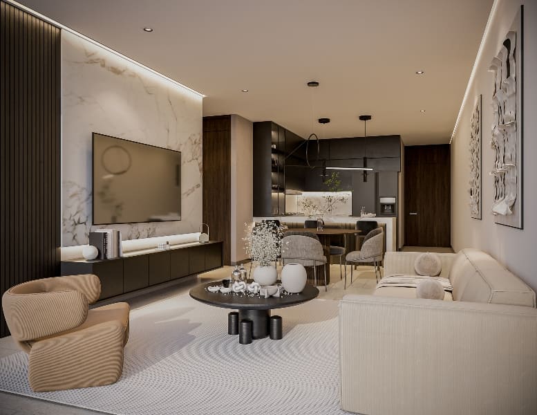 a living room with a tv and a table