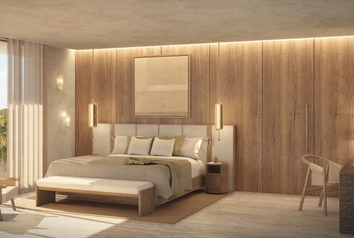 a bedroom with a bed and a painting