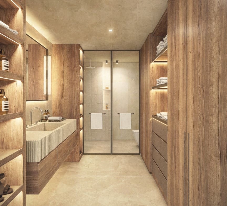 a bathroom with wood cabinets and shelves