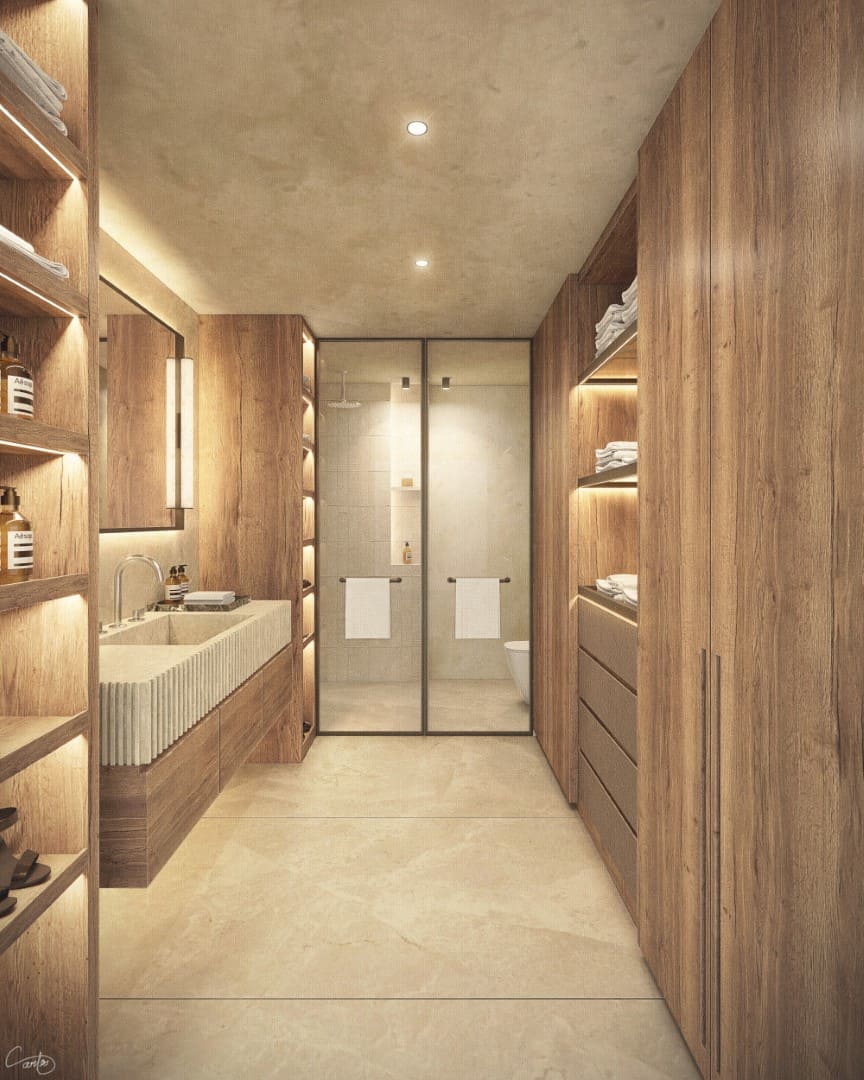 a bathroom with wood cabinets and shelves