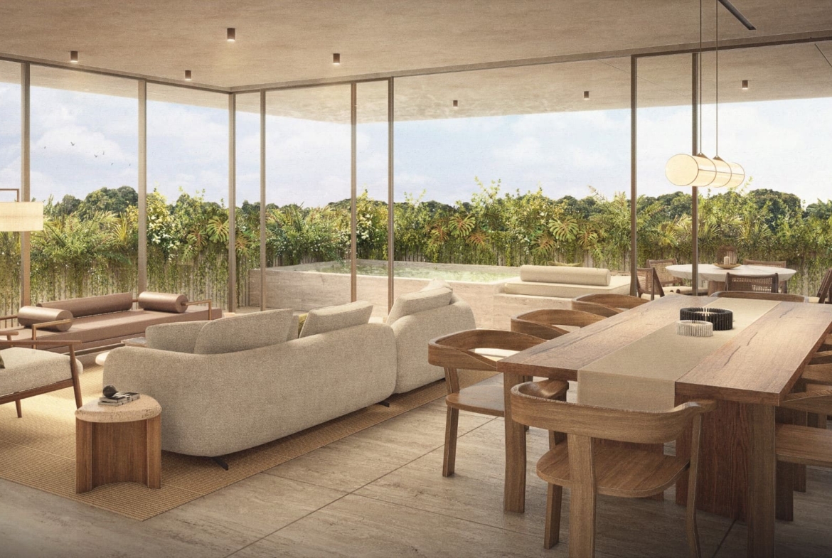 a living room with a large glass wall and a large table