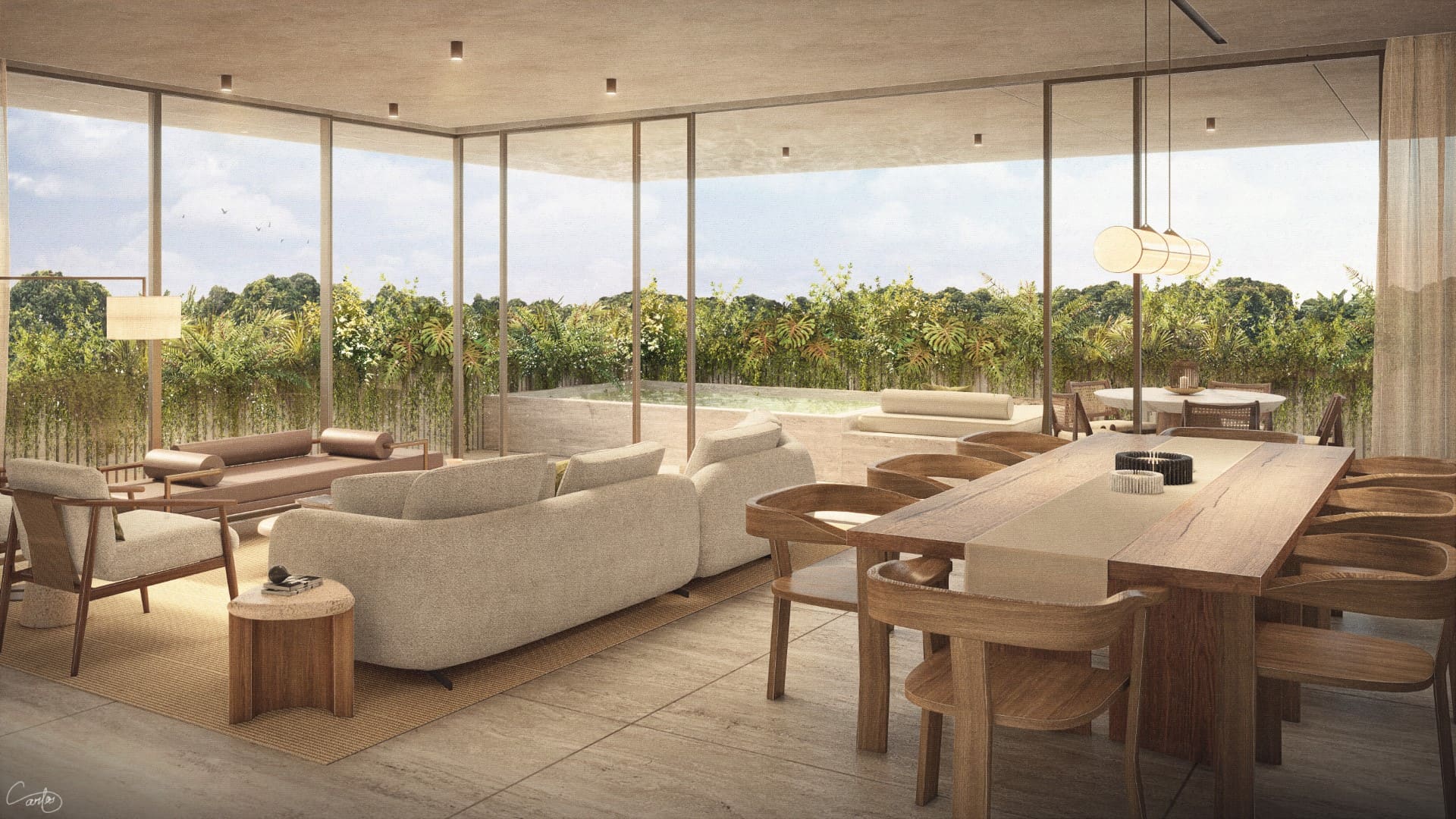 a living room with a large glass wall and a large table