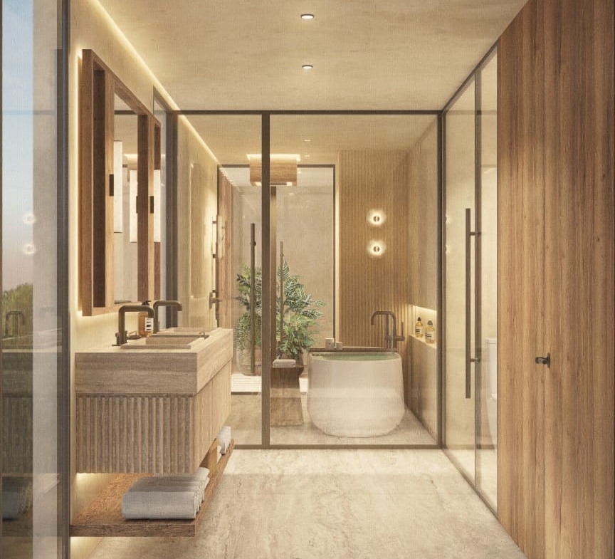 a bathroom with a tub and a sink