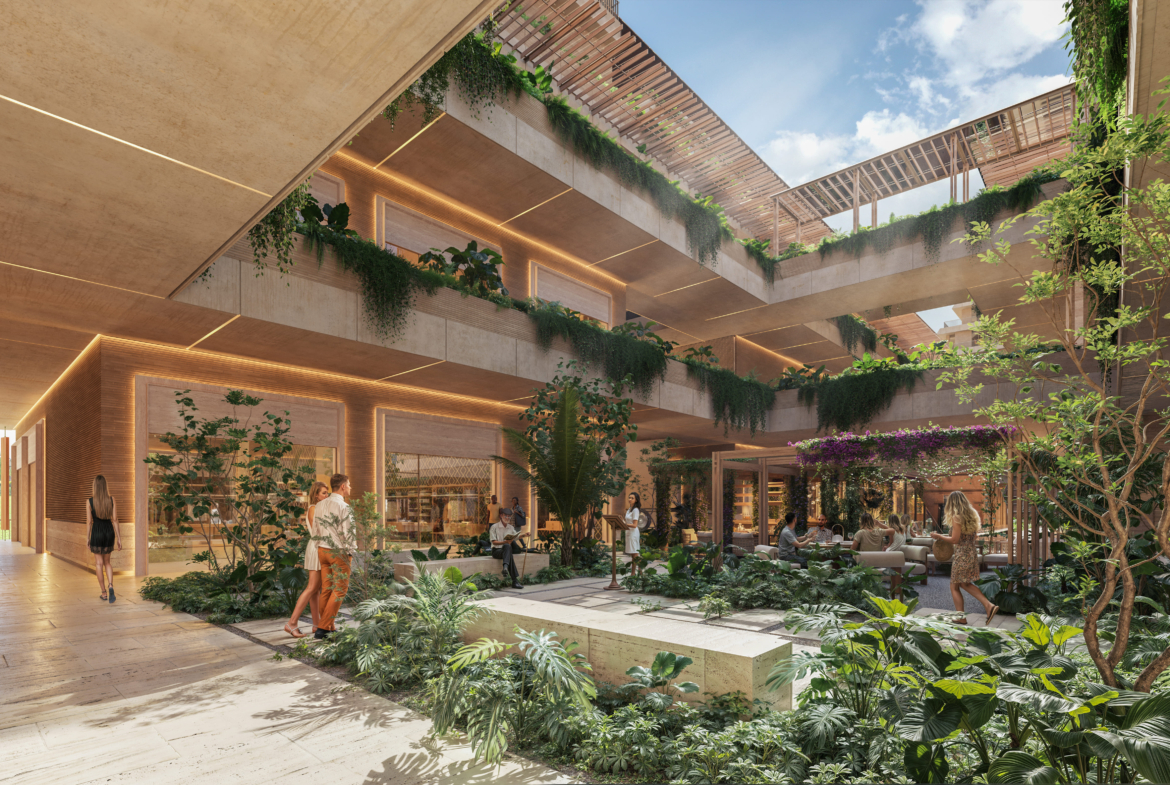 a building with plants and a patio