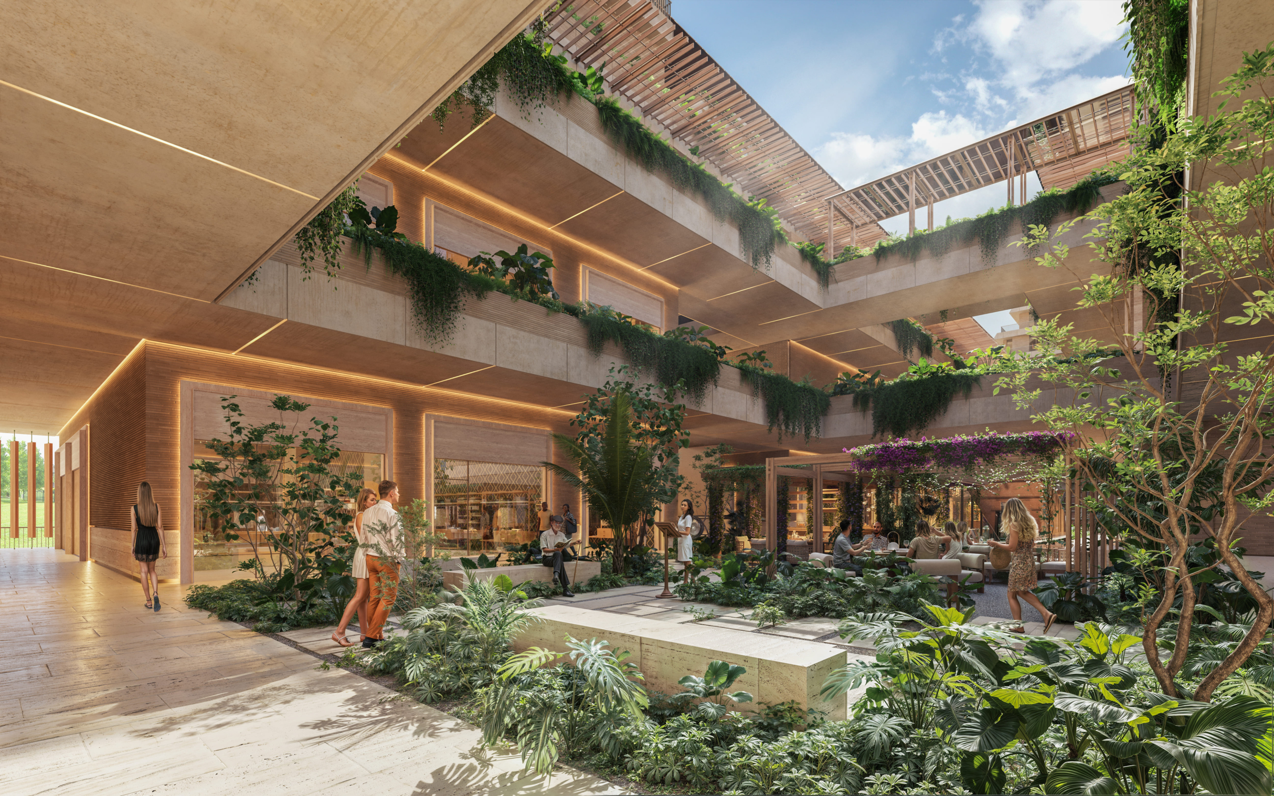 a building with plants and a patio