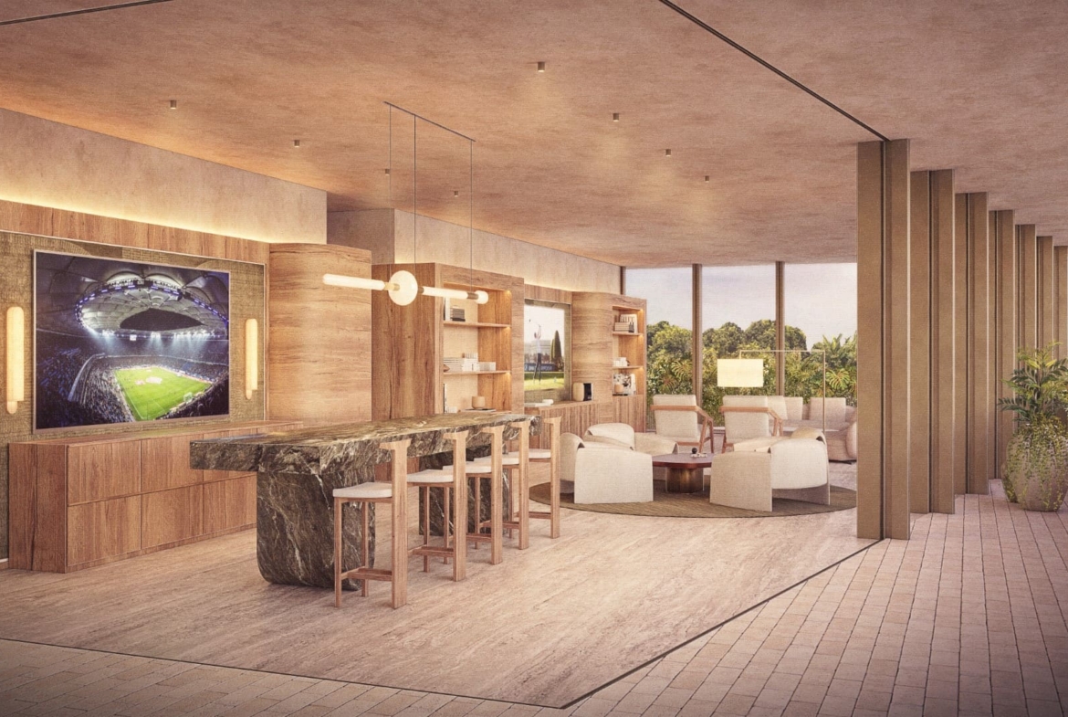 a room with a large bar and chairs