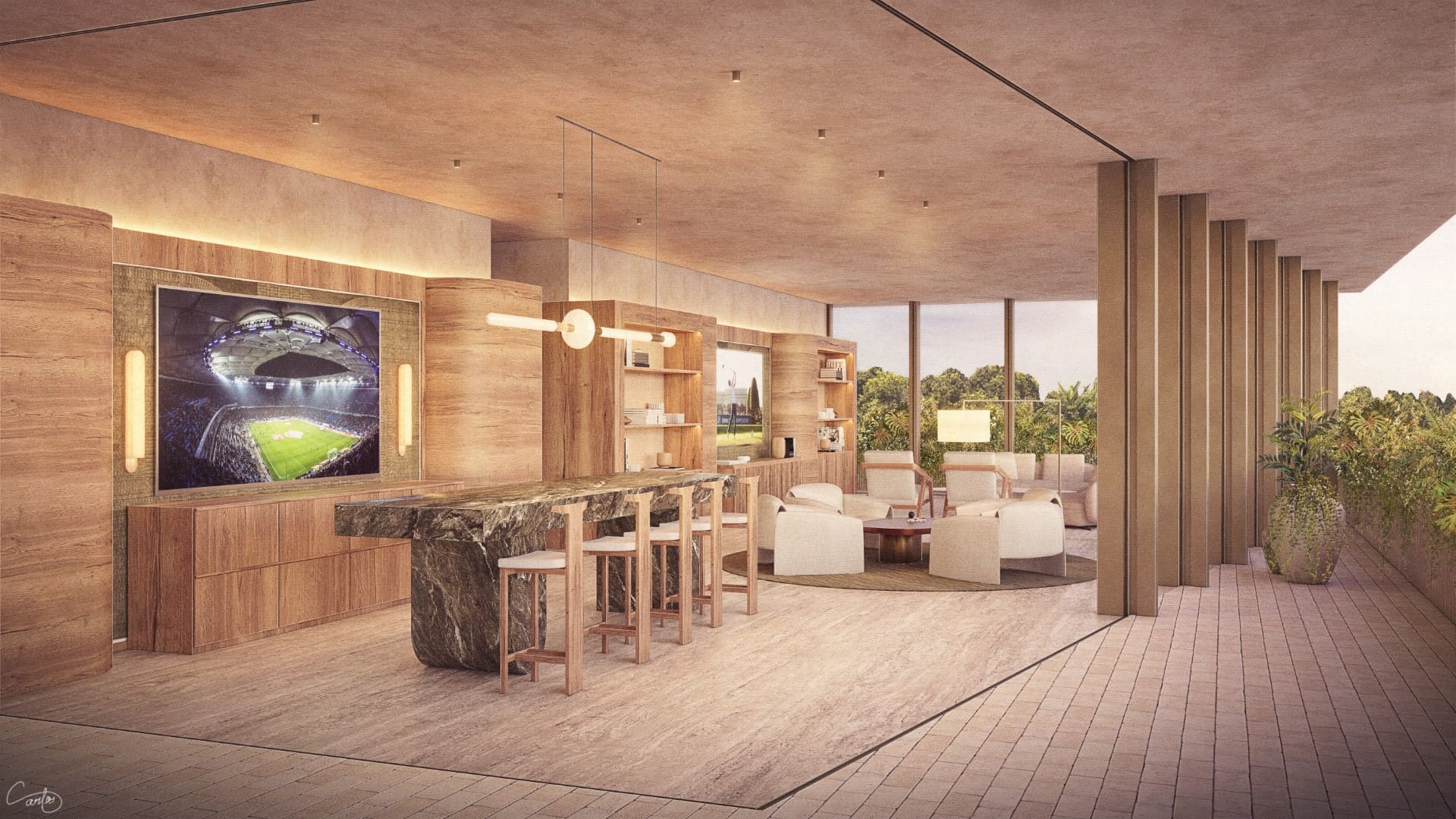 a room with a large bar and chairs