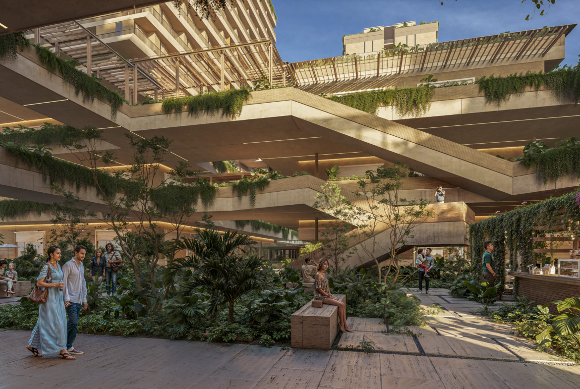 a group of people in a courtyard with plants