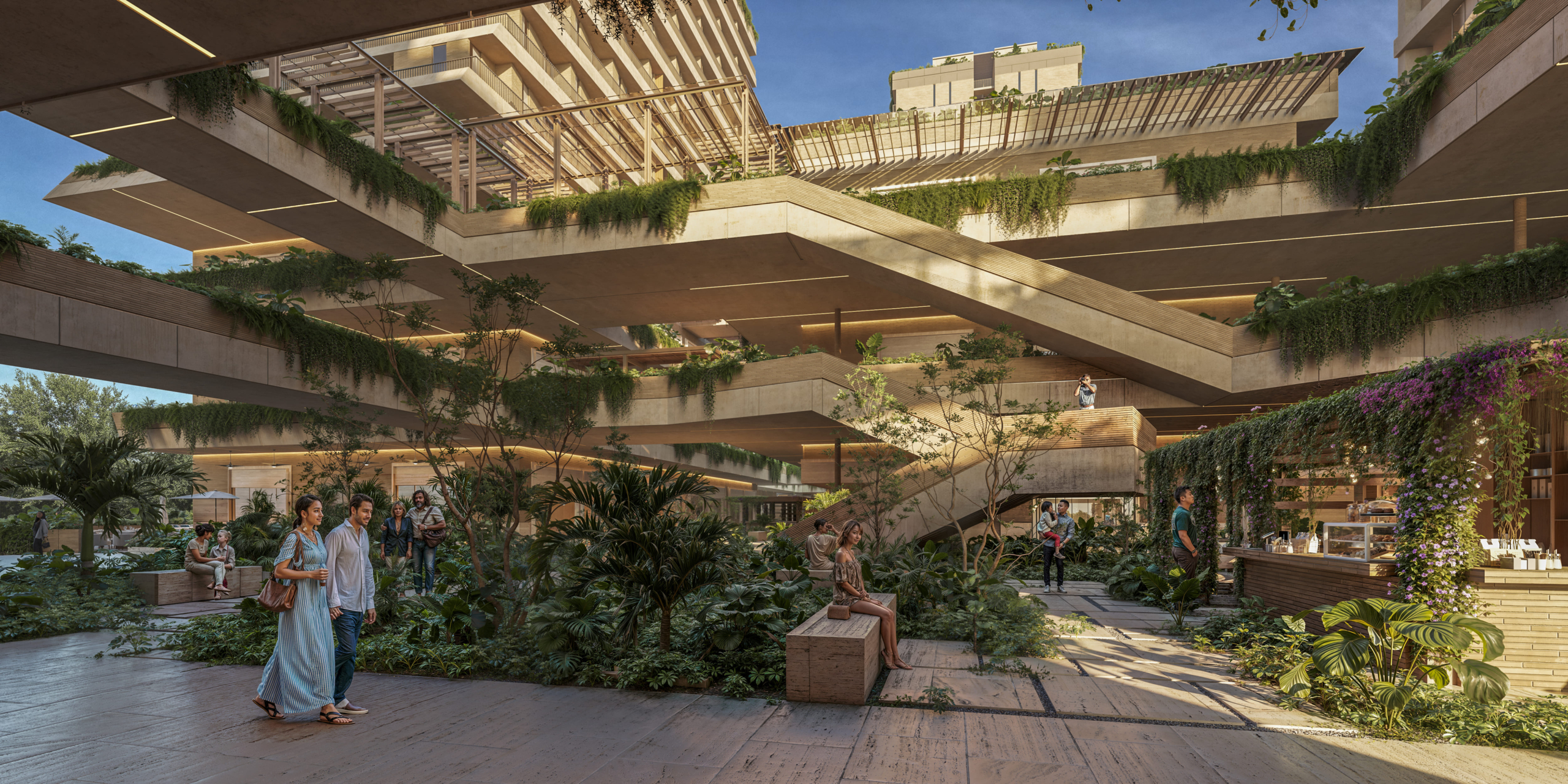 a group of people in a courtyard with plants