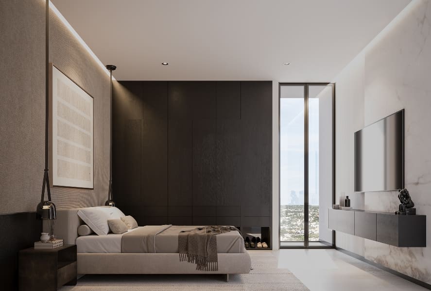 a bedroom with a large bed and a dresser