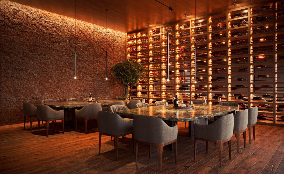 a room with a table and chairs