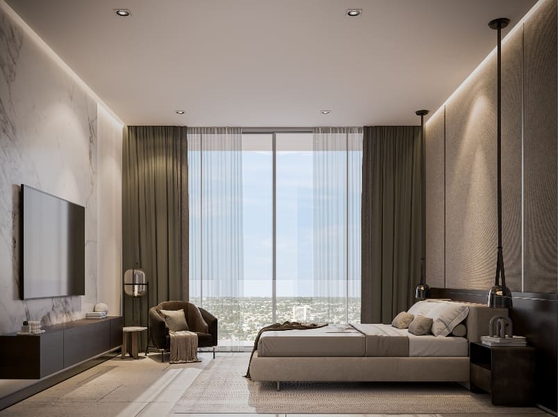 a bedroom with a large window
