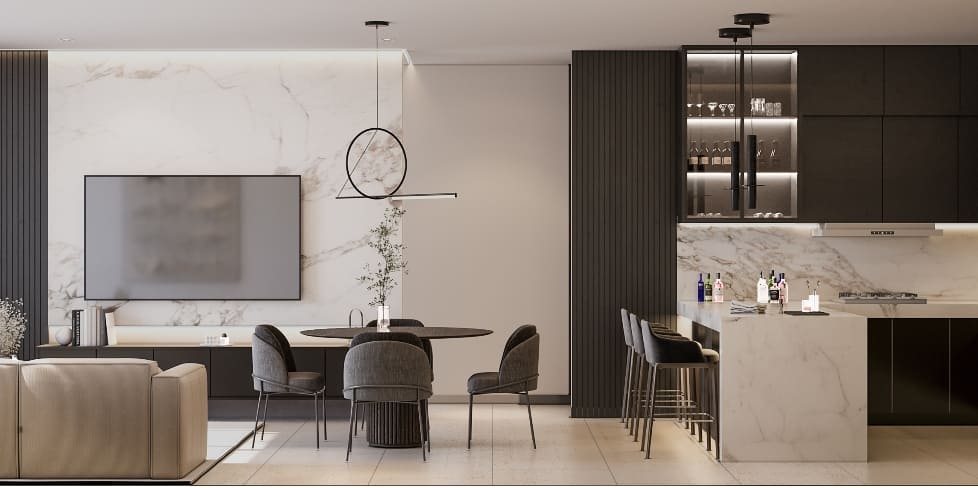 a dining room with a table and chairs