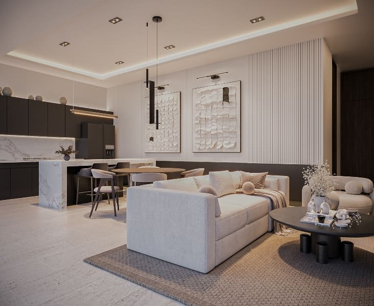 a living room with a couch and a table