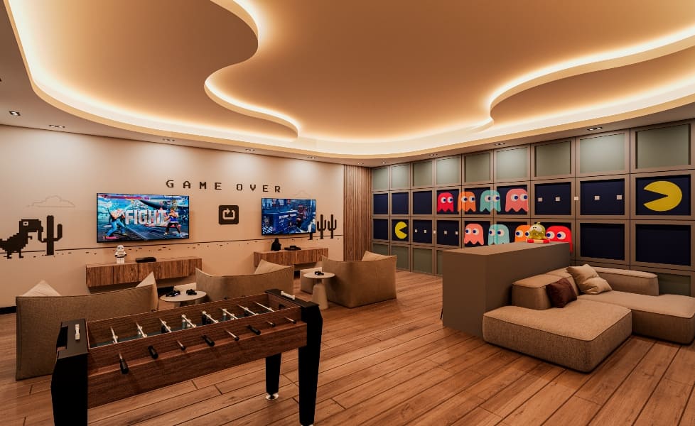 a room with a foosball table and couches