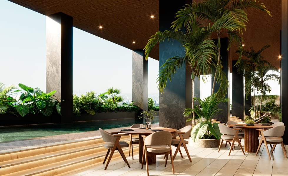 a room with a pool and a table and chairs