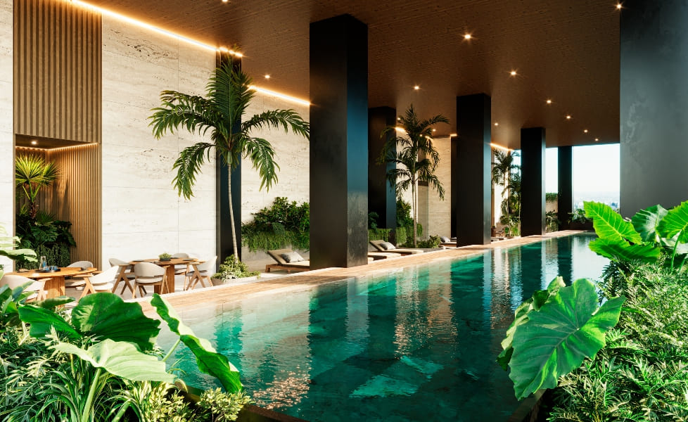 a pool with palm trees and chairs