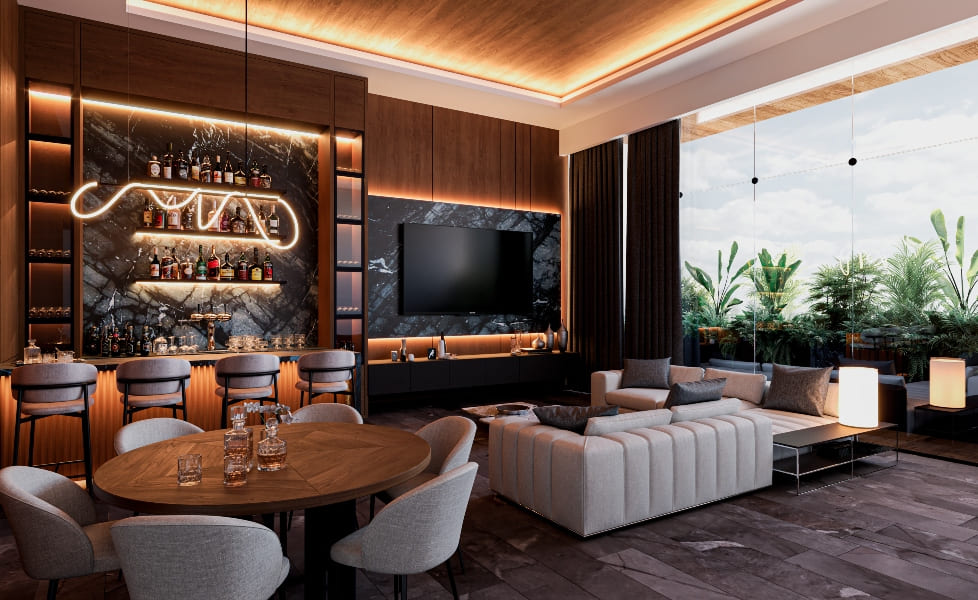 a living room with a tv and a bar