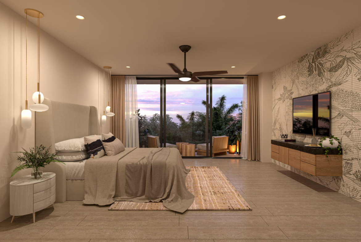 a bedroom with a large bed and a large glass door
