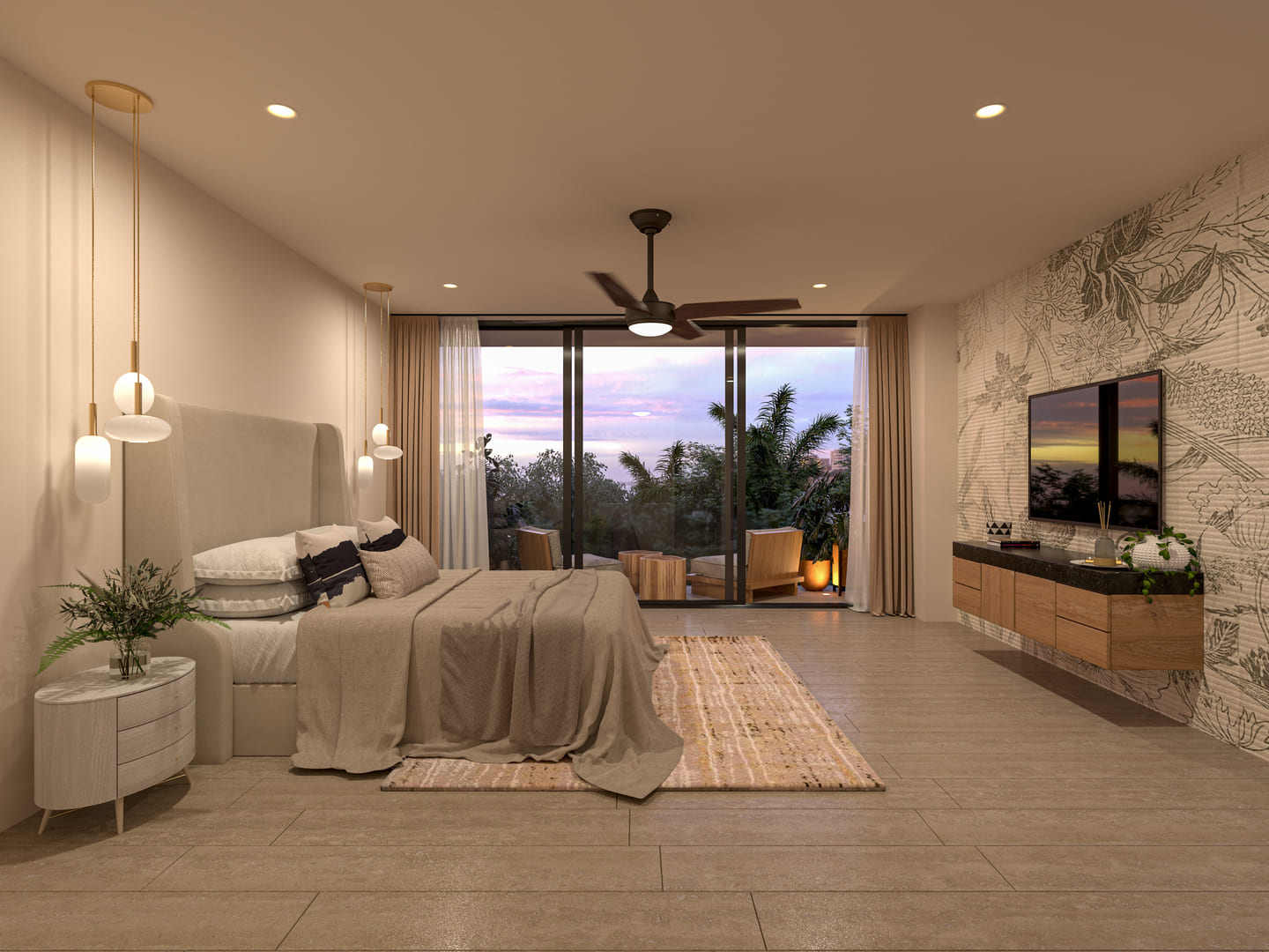 a bedroom with a large bed and a large glass door