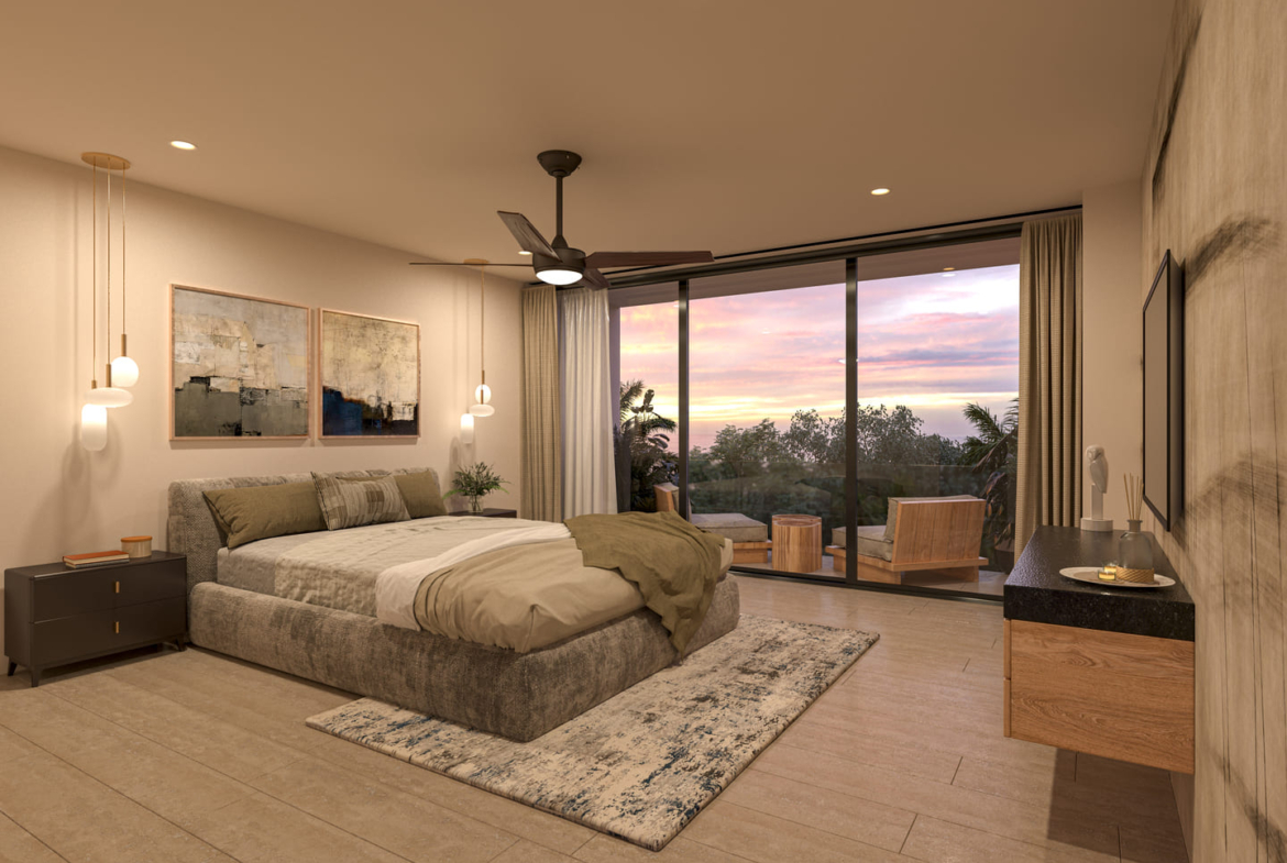 a bedroom with a large bed and a large glass door