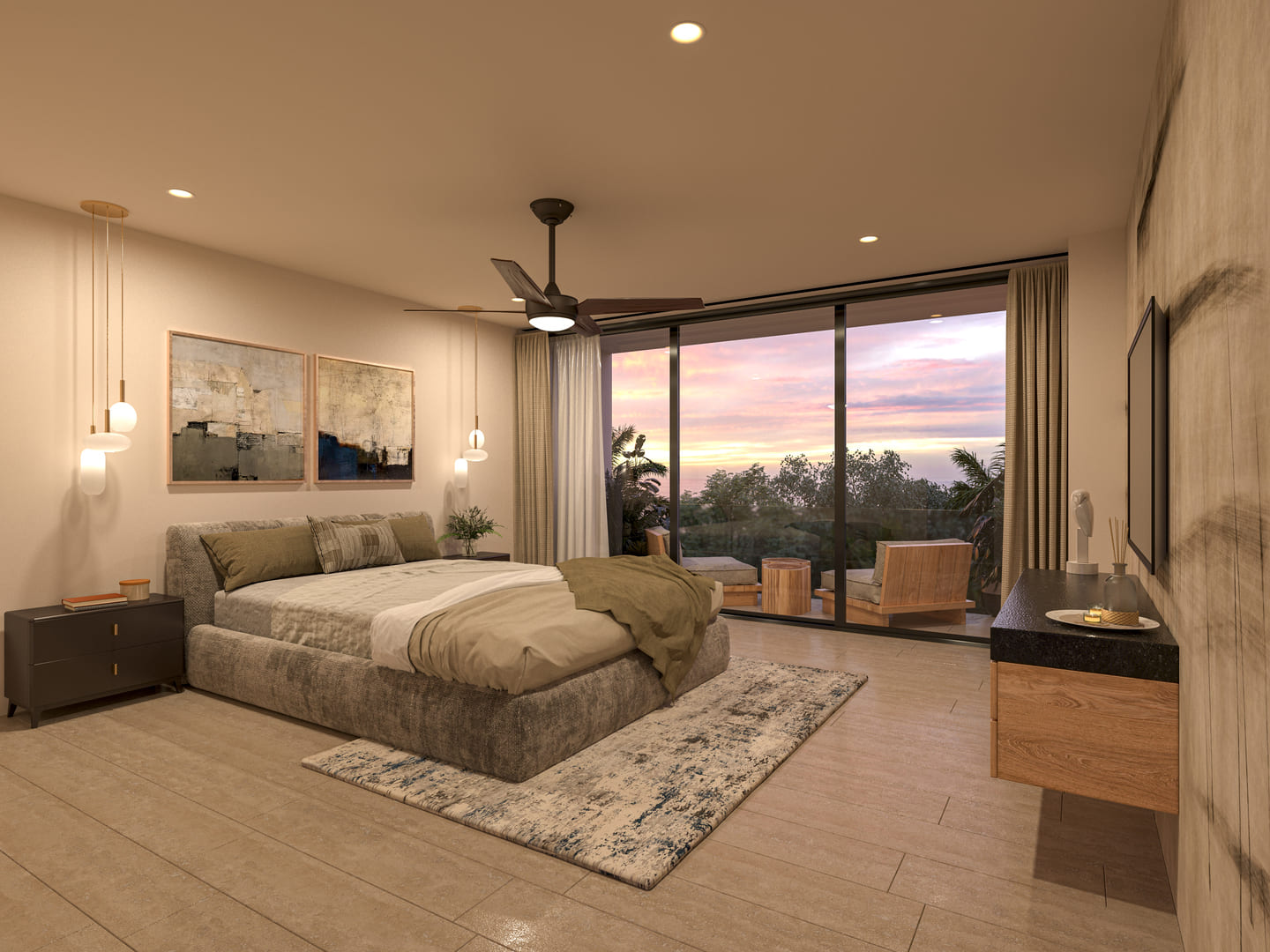 a bedroom with a large bed and a large glass door