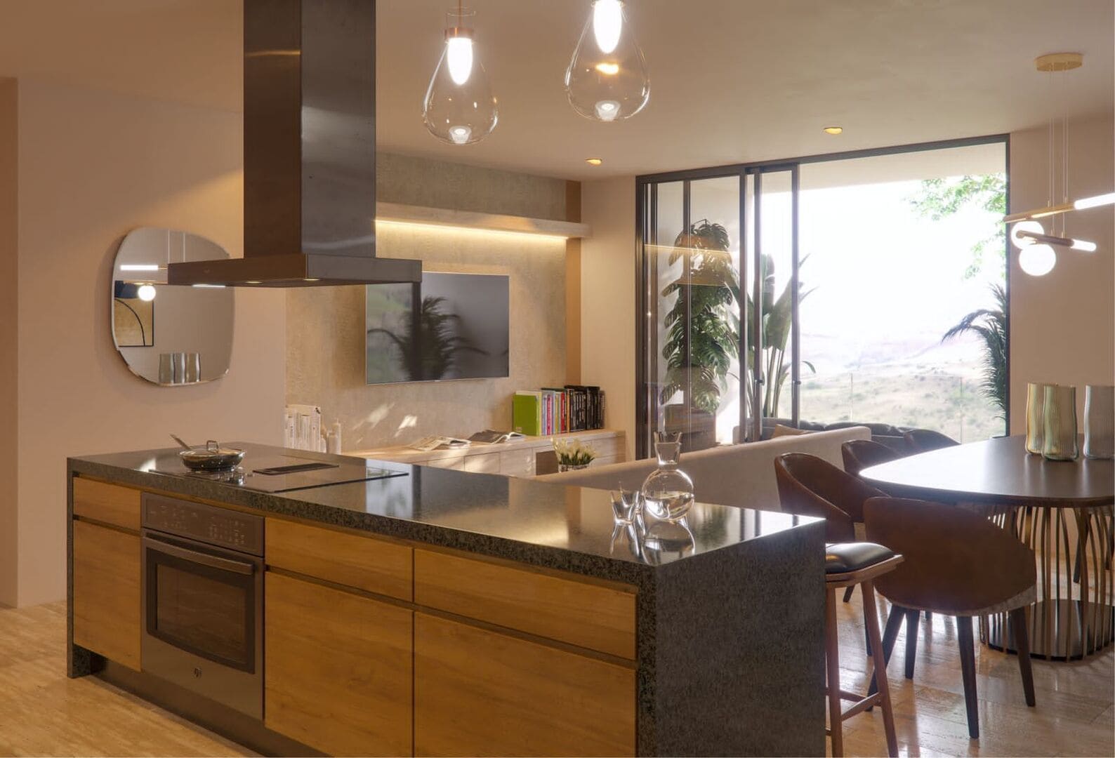 a kitchen with a table and chairs