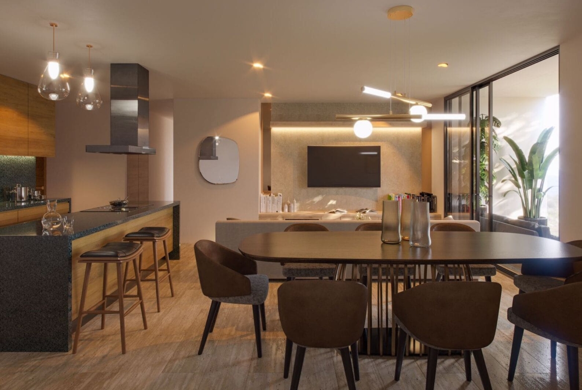 a dining room with a table and chairs