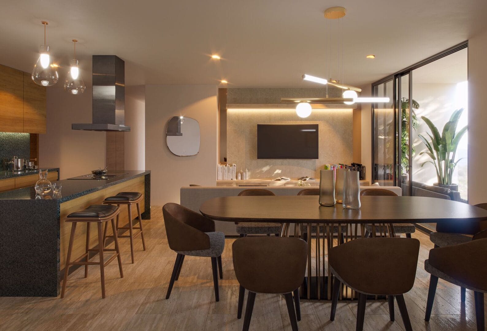 a dining room with a table and chairs