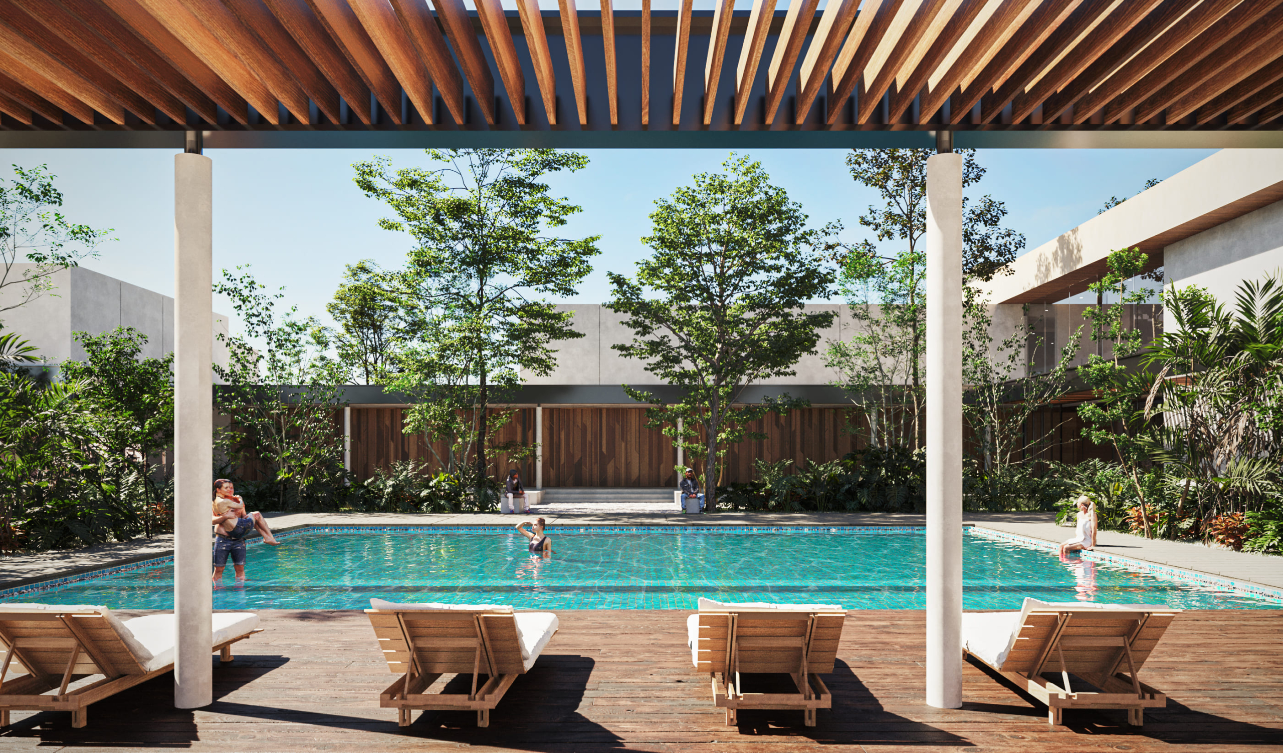 a pool with lounge chairs and a wooden deck
