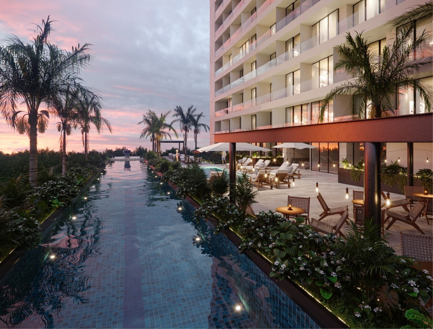 a pool with palm trees and chairs in front of a building