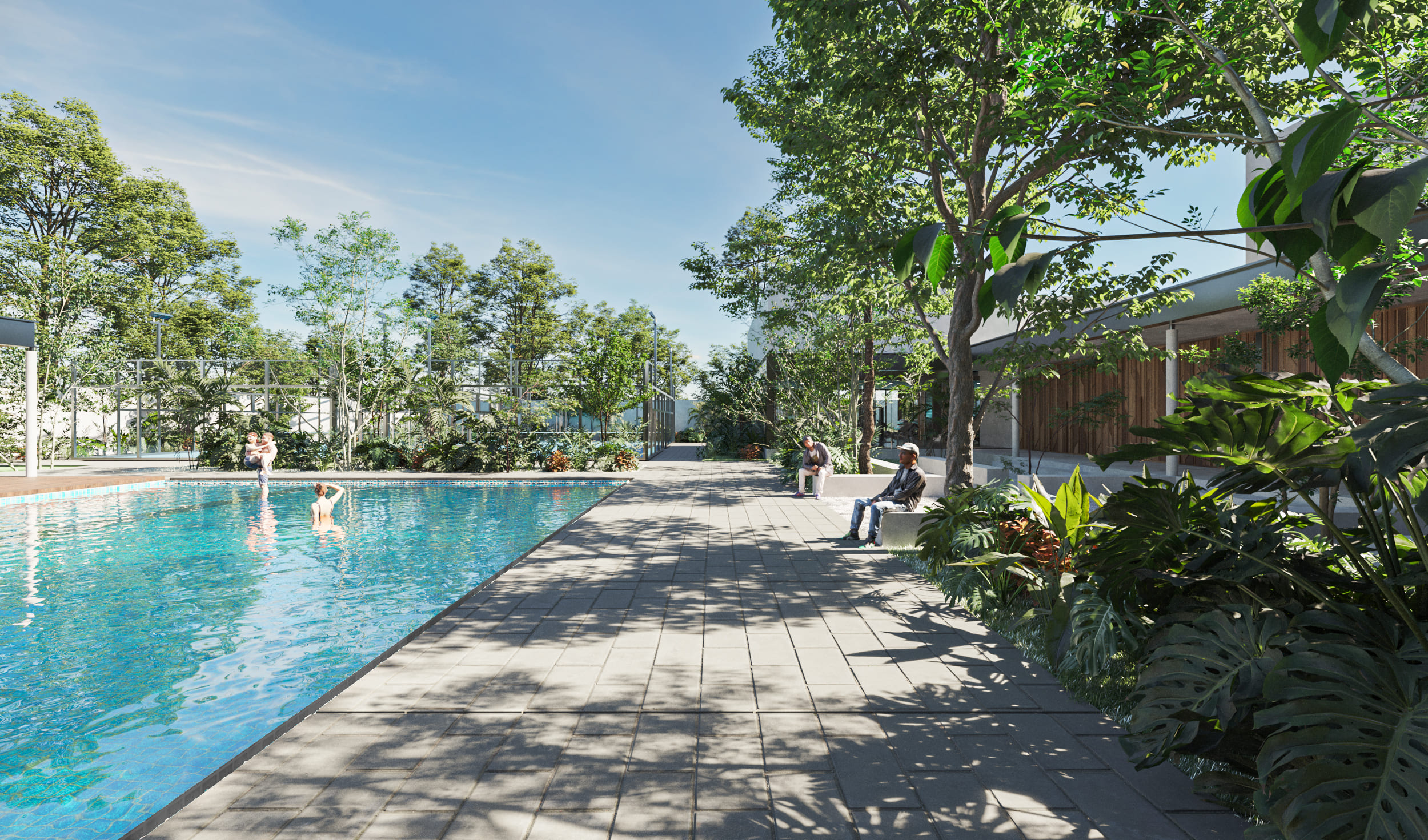 people sitting on benches near a pool
