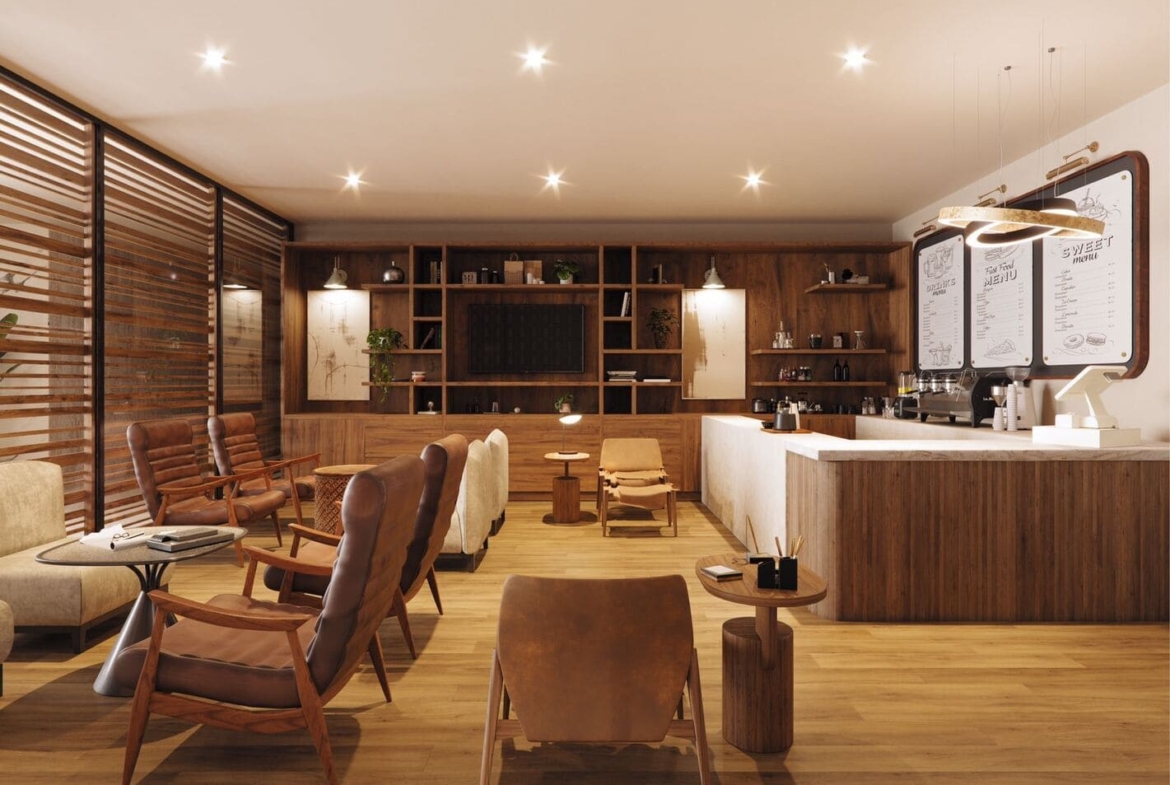 a room with a table and chairs