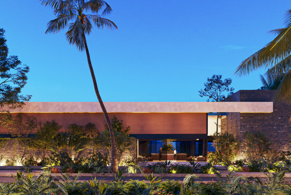 a building with palm trees and plants