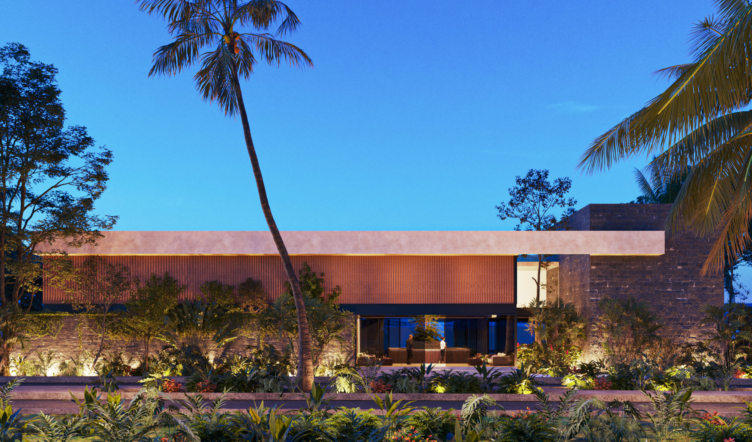 a building with palm trees and plants