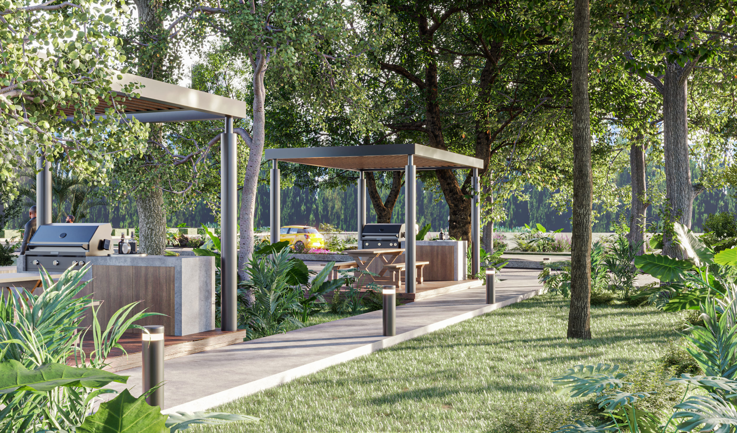 a picnic area with a grill and a table