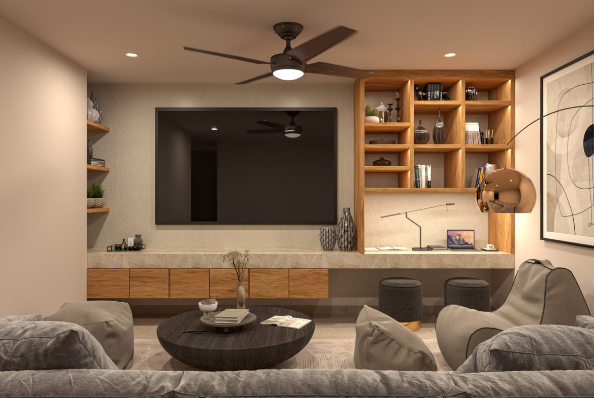 a living room with a tv and shelves