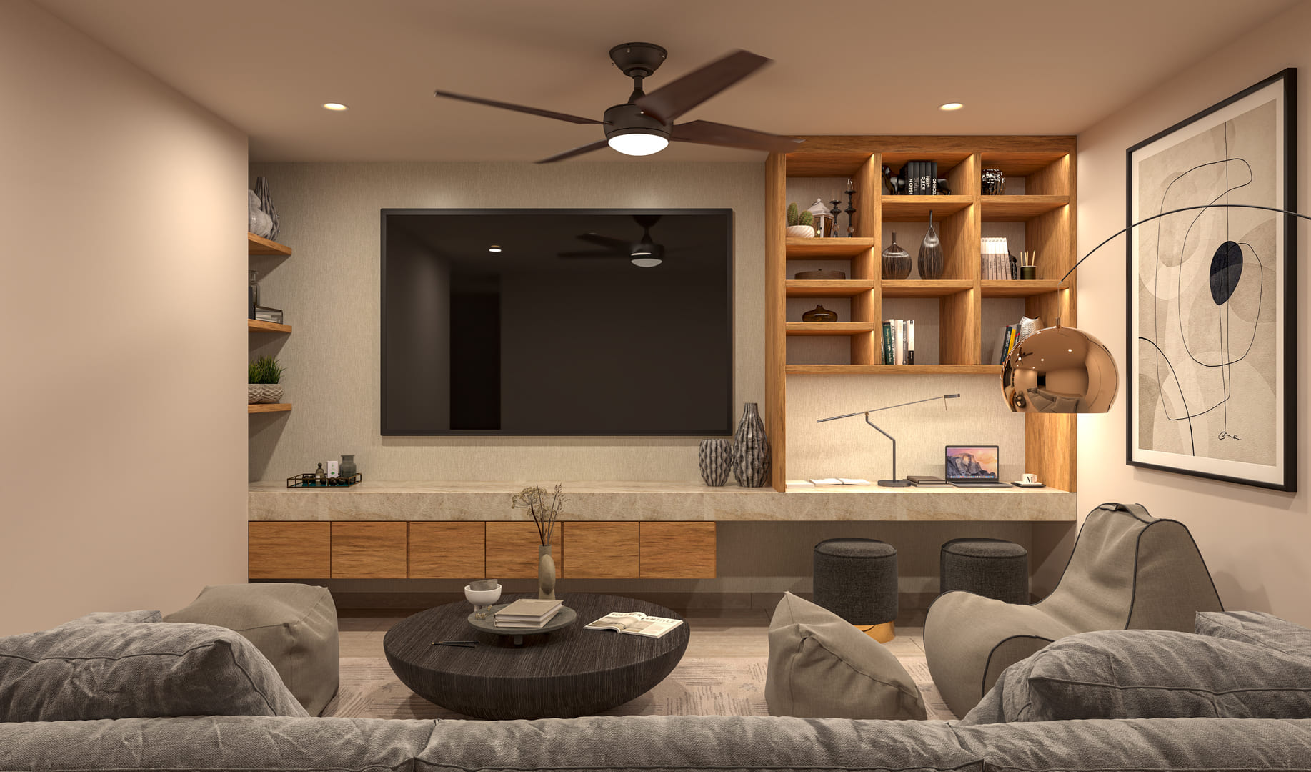 a living room with a tv and shelves
