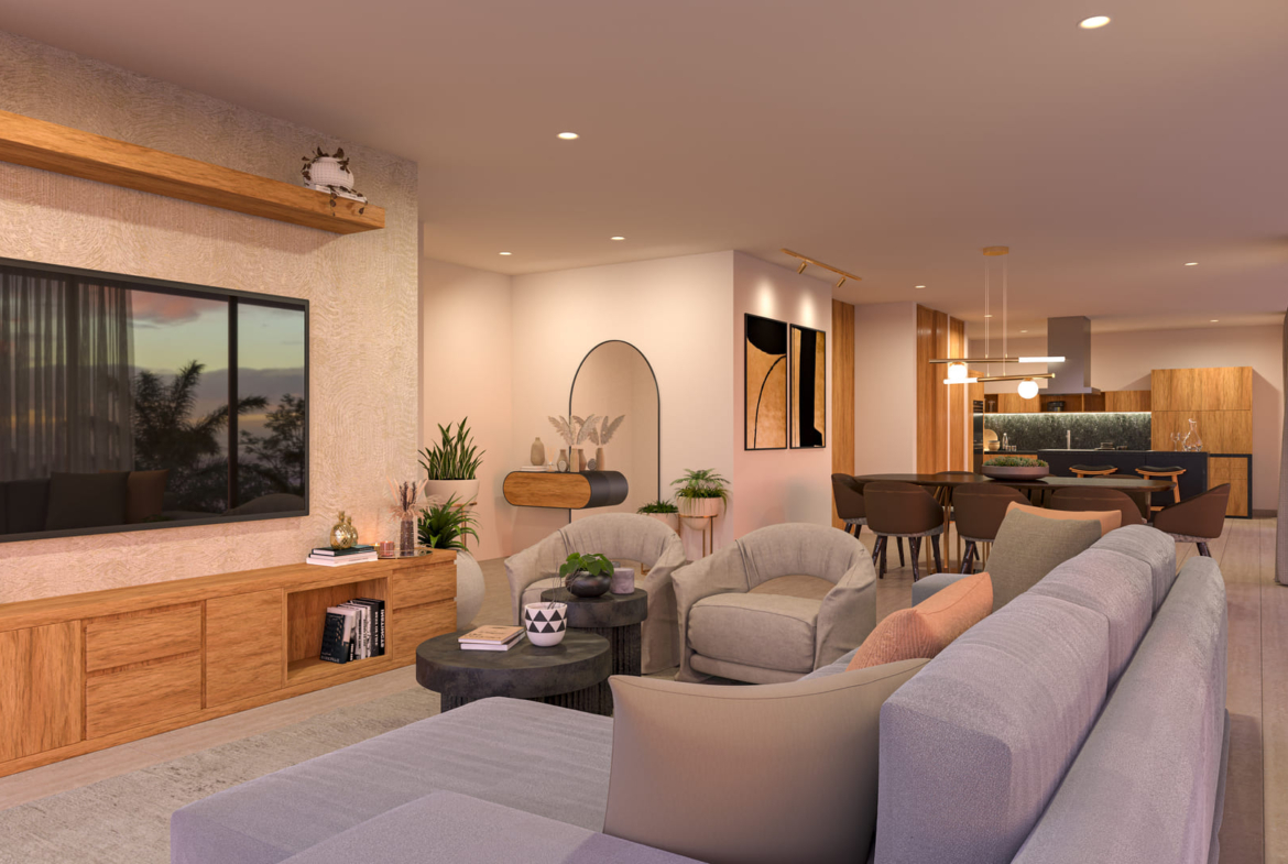 a living room with a couch and chairs
