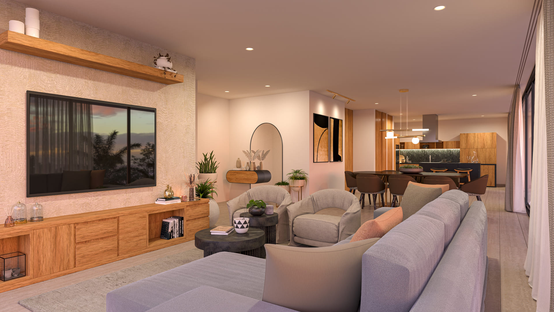 a living room with a couch and chairs