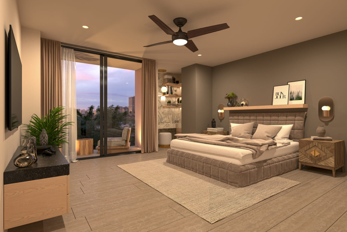 a bedroom with a large bed and a large window