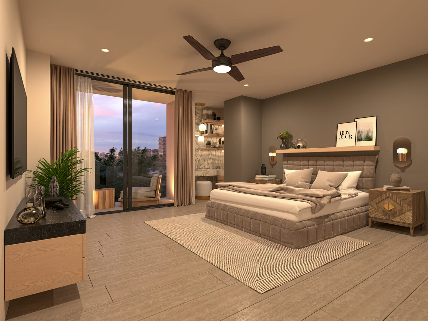 a bedroom with a large bed and a large window