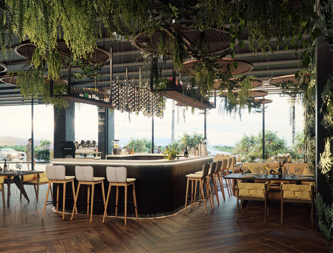 a bar with chairs and tables in a room with plants from the ceiling